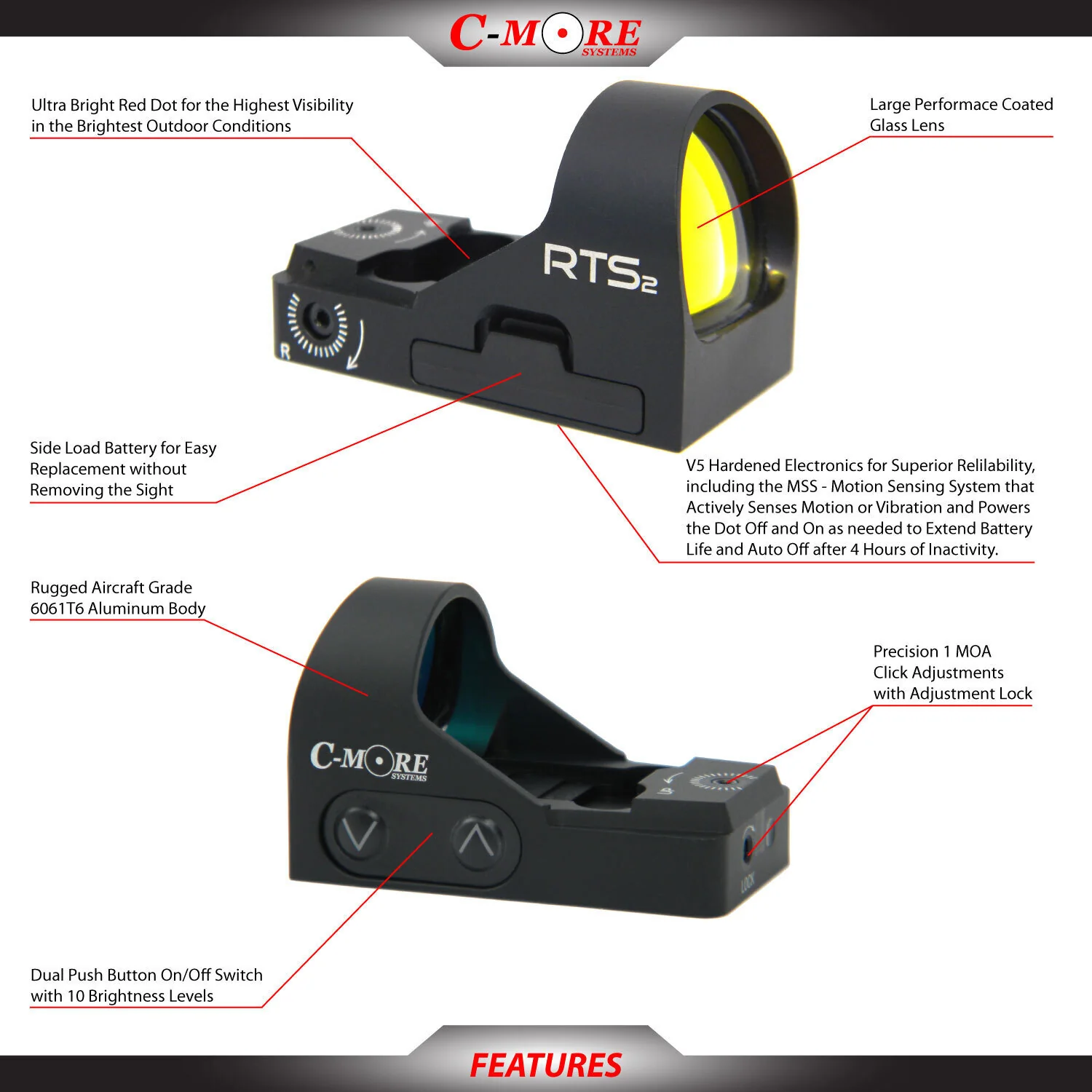 C-MORE RTS2 Parallax-Free Water-Resistant Red Dot Sight with Motion Sensing System, Black (8 MOA) - Image 4