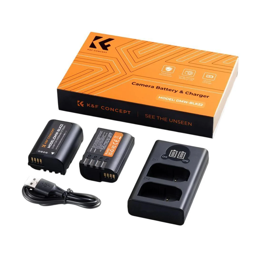 K&F Concept DMW-BLK22 2400mAh Battery 2-Pack with Dual Slot LCD Charger for Panasonic Lumix DC-S5II - Image 2