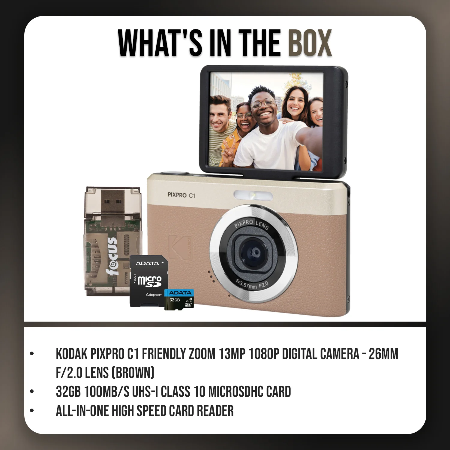 KODAK PIXPRO C1 13MP Digital Camera (Brown) with MicroSD Card and Card Reader - Image 10
