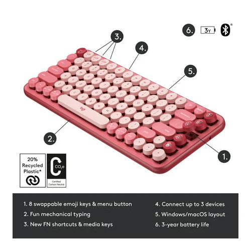 Logitech POP Keys Wireless Mechanical Keyboard with Emoji Keys Heartbreaker Rose - Image 6