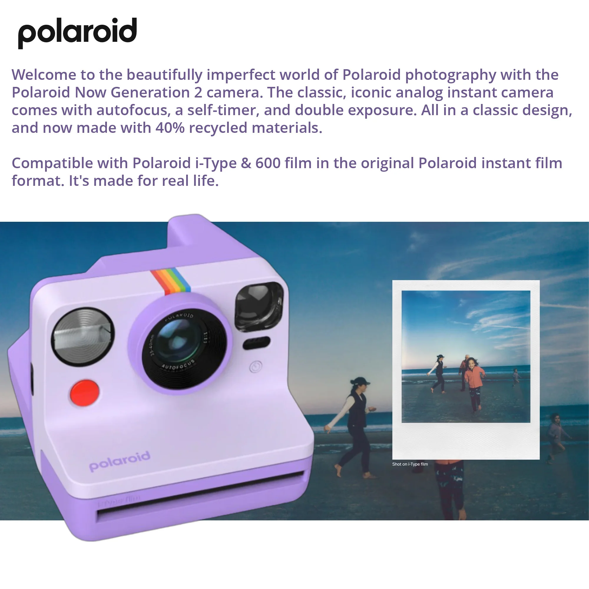 Polaroid NOW Gen 2 Camera in Purple with Double Pack Film and Photo Box Kit - Image 2