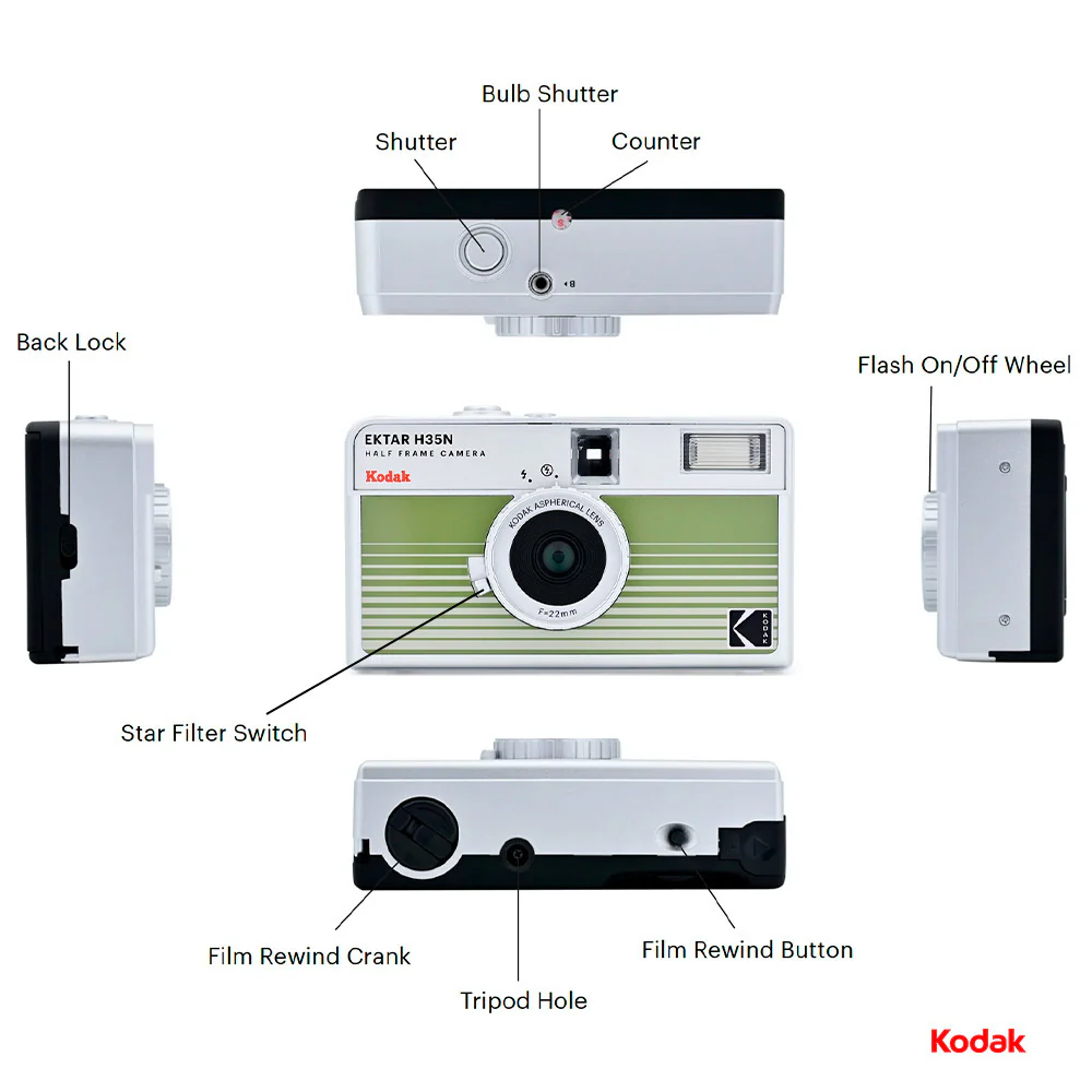 Kodak Ektar H35N 35mm Half Frame Film Camera with Star Filter and Tripod Support (Striped Green) - Image 6