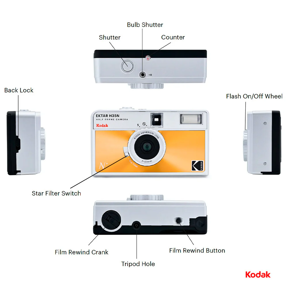 Kodak Ektar H35N 35mm Half Frame Film Camera with Star Filter and Tripod Support (Glazed Orange) - Image 6