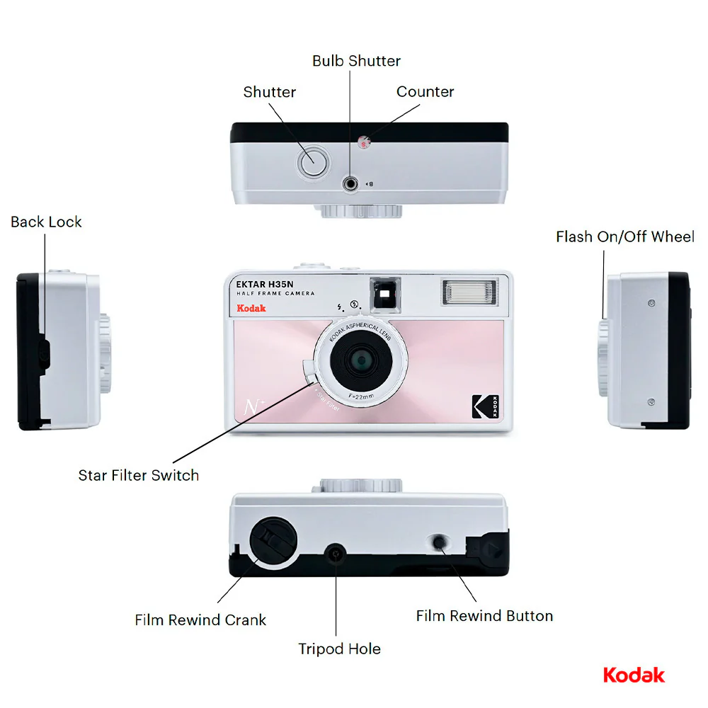 Kodak Ektar H35N 35mm Half Frame Film Camera with Star Filter and Tripod Support (Glazed Pink) - Image 6
