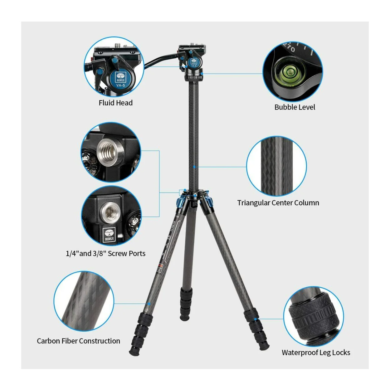 Sirui ST124 VA-5 Carbon Fiber 4 Legs Waterproof 62.2-Inch Travel Tripod with Fluid Video Head - Image 3